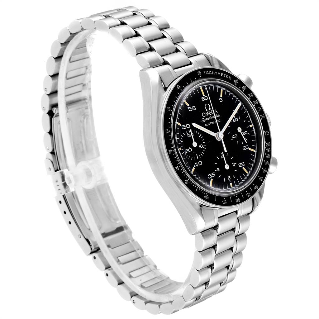 The image shows an angled view of an Omega Speedmaster 3510.50.00 Men's Stainless Steel Black Dial 3510.50.00 Men's Stainless Steel Black Dial watch, highlighting the face, bezel, and bracelet.