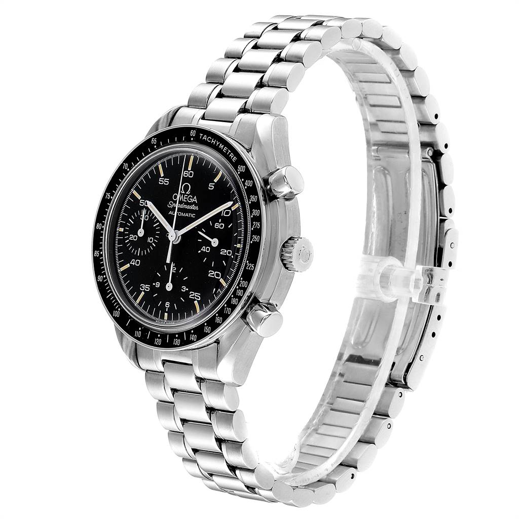 The image shows an Omega Speedmaster 3510.50.00 Men's Stainless Steel Black Dial 3510.50.00 Men's Stainless Steel Black Dial watch, angled to display its bracelet, bezel, crown, pushers, and dial.