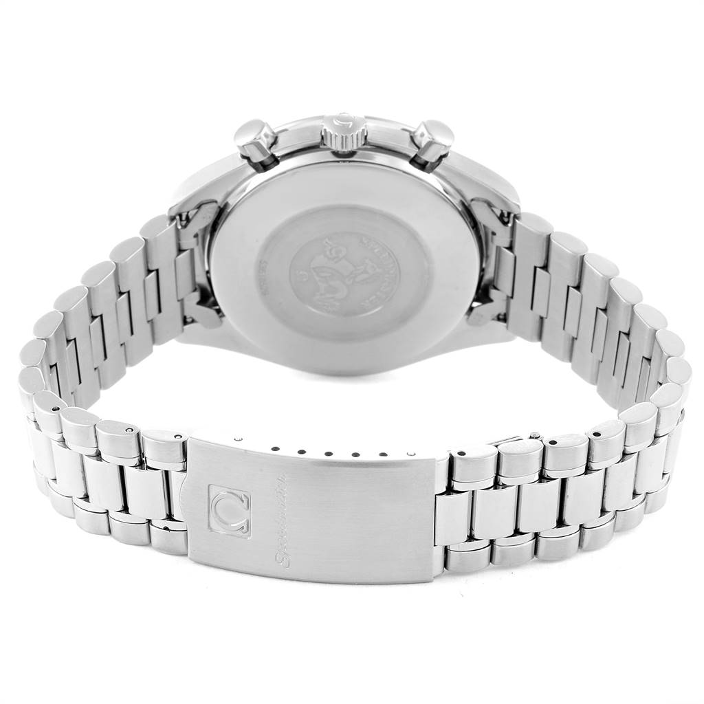 The image shows the case back and bracelet of an Omega Speedmaster 3510.50.00 Men's Stainless Steel Black Dial 3510.50.00 Men's Stainless Steel Black Dial watch from the rear angle.