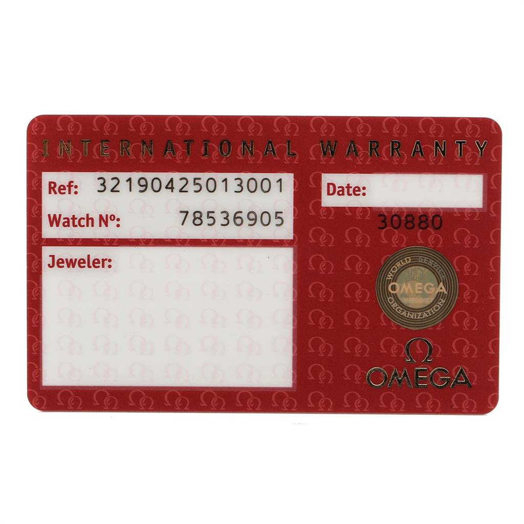 This is an international warranty card for the Omega Speedmaster 321.90.42.50.13.001 Men's Steel and Gold (two tone) Brown Dial 321.90.42.50.13.001 Men's Steel and Gold (two tone) Brown Dial model, showing reference number, watch number, and other details.