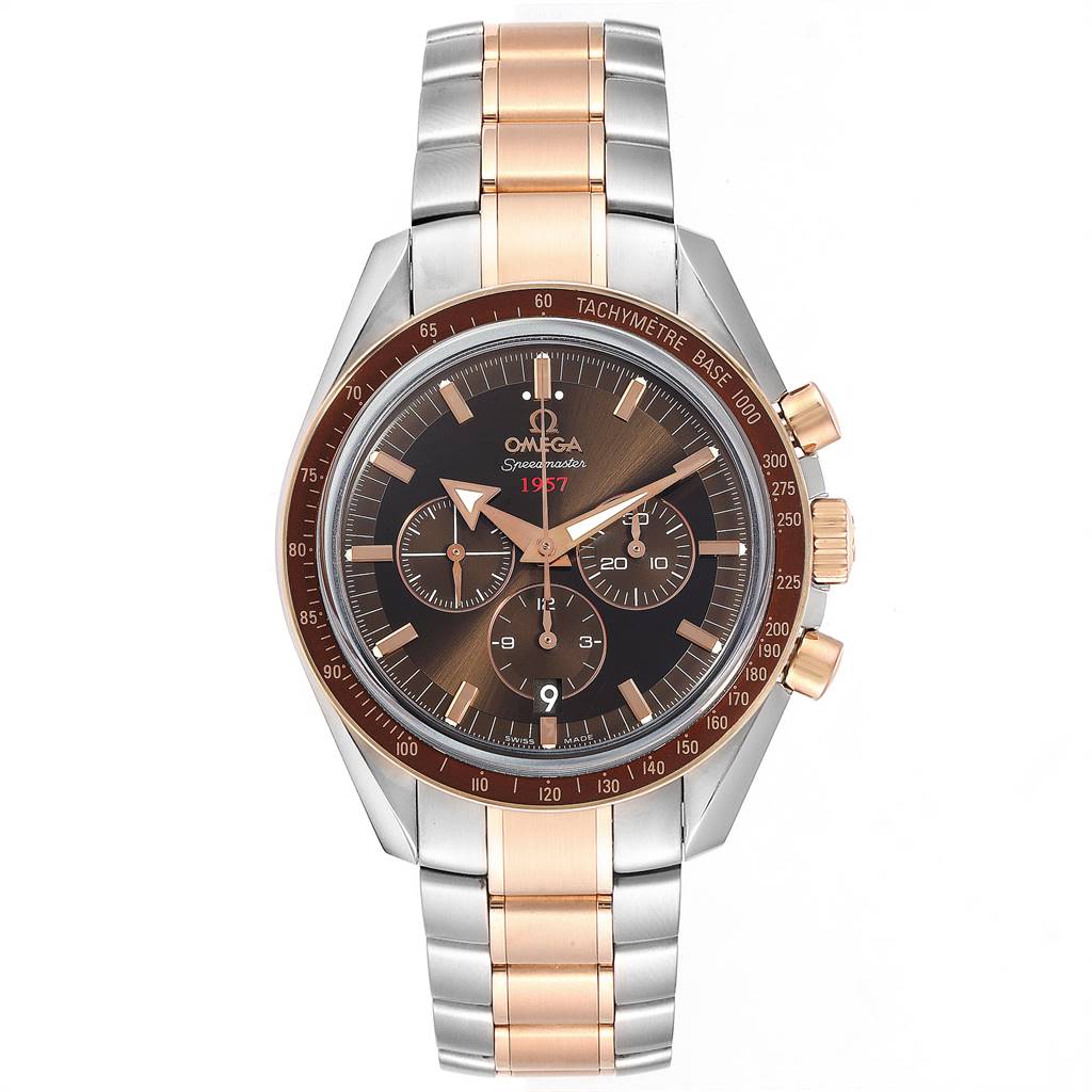The Omega Speedmaster 321.90.42.50.13.001 Men's Steel and Gold (two tone) Brown Dial 321.90.42.50.13.001 Men's Steel and Gold (two tone) Brown Dial watch is shown from a front perspective, displaying the face, bezel, and stainless steel bracelet.