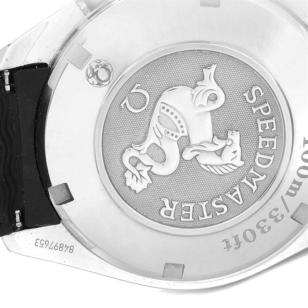 The image shows the back case of an Omega Speedmaster 323.30.40.40.04.001 Men's Stainless Steel White Dial 323.30.40.40.04.001 Men's Stainless Steel White Dial watch, highlighting the engraved design and model information.