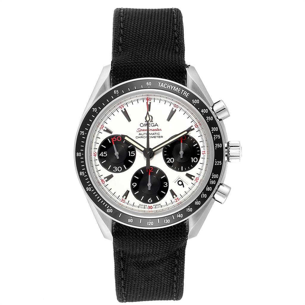 The image shows a front view of the Omega Speedmaster 323.30.40.40.04.001 Men's Stainless Steel White Dial 323.30.40.40.04.001 Men's Stainless Steel White Dial watch, highlighting its dial, chronograph subdials, bezel, and black strap.