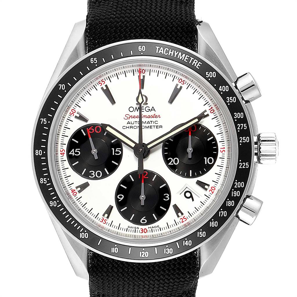 This image shows a front view of an Omega Speedmaster 323.30.40.40.04.001 Men's Stainless Steel White Dial 323.30.40.40.04.001 Men's Stainless Steel White Dial watch, showcasing its dial, tachymeter bezel, and chronograph subdials.