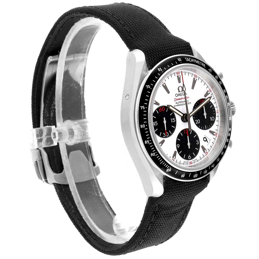 The Omega Speedmaster 323.30.40.40.04.001 Men's Stainless Steel White Dial 323.30.40.40.04.001 Men's Stainless Steel White Dial watch is shown at a three-quarter angle, highlighting the face, bezel, crown, and strap.