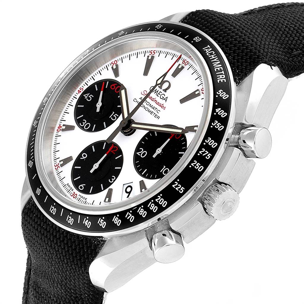 The Omega Speedmaster 323.30.40.40.04.001 Men's Stainless Steel White Dial 323.30.40.40.04.001 Men's Stainless Steel White Dial watch is shown at an angle highlighting the face, bezel, pushers, crown, and part of the strap.