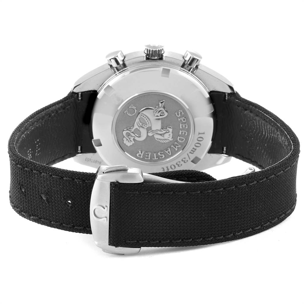 This image shows the back view of an Omega Speedmaster 323.30.40.40.04.001 Men's Stainless Steel White Dial 323.30.40.40.04.001 Men's Stainless Steel White Dial watch, displaying the case back, strap, and clasp.
