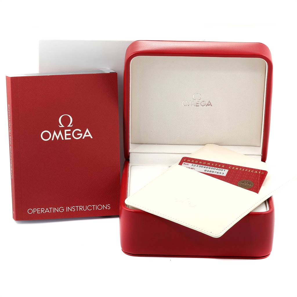The image shows an Omega Speedmaster 323.30.40.40.04.001 Men's Stainless Steel White Dial 323.30.40.40.04.001 Men's Stainless Steel White Dial watch box, operating instructions, and a chronometer certificate.