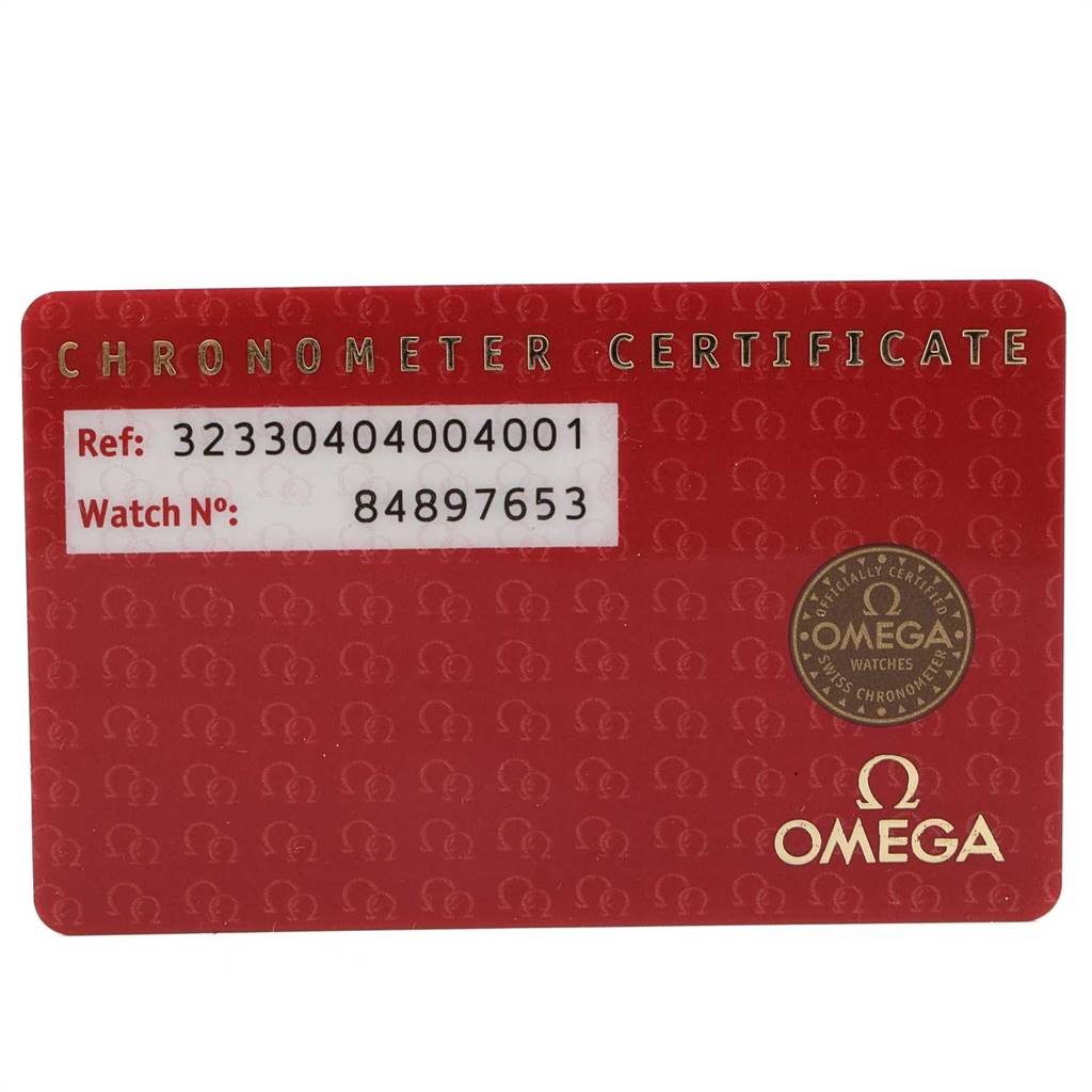 This is an image of a "CHRONOMETER CERTIFICATE" card for the Omega Speedmaster 323.30.40.40.04.001 Men's Stainless Steel White Dial 323.30.40.40.04.001 Men's Stainless Steel White Dial watch, showing its reference and watch number.