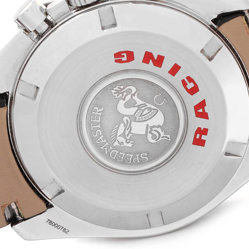 The image shows the back case of an Omega Speedmaster 3552.59.00 Men
s Stainless Steel Black Dial 3552.59.00 Men
s Stainless Steel Black Dial Racing watch with its engravings and markings.