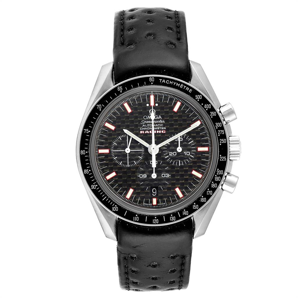 The image shows an Omega Speedmaster 3552.59.00 Men
s Stainless Steel Black Dial 3552.59.00 Men
s Stainless Steel Black Dial watch from a front angle, highlighting its black dial, chronograph subdials, and perforated black strap.