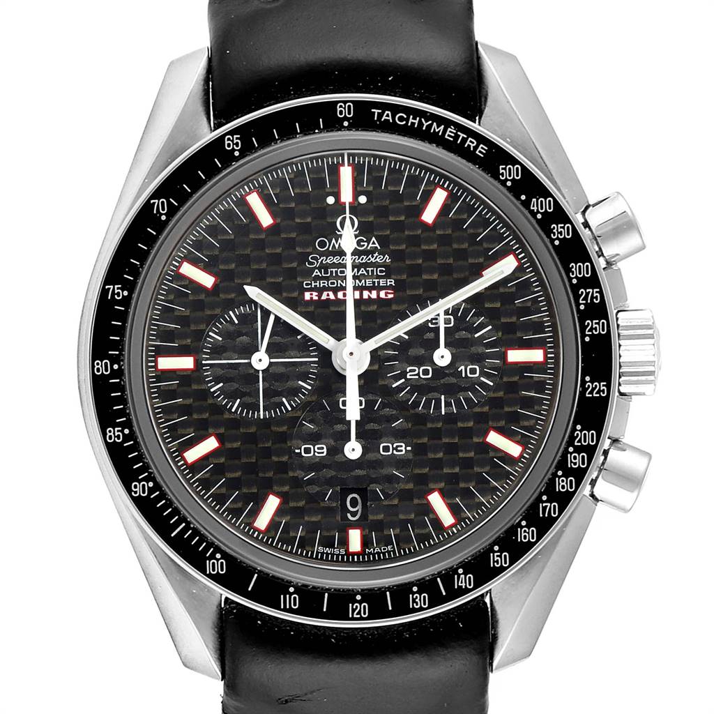 The image shows a front view of the Omega Speedmaster 3552.59.00 Men
s Stainless Steel Black Dial 3552.59.00 Men
s Stainless Steel Black Dial Racing watch, highlighting the dial, bezel, and pushers.