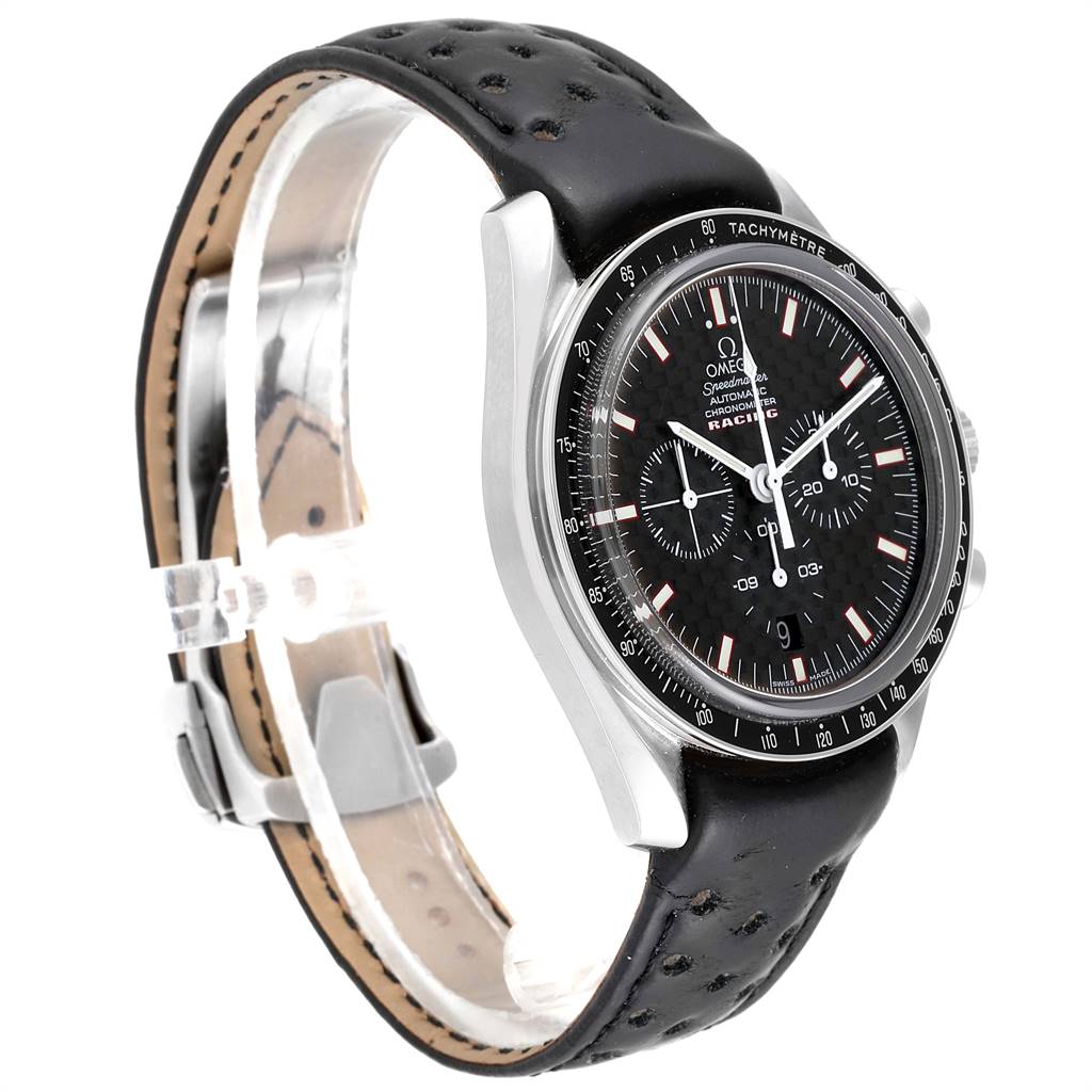 The image shows an Omega Speedmaster 3552.59.00 Men
s Stainless Steel Black Dial 3552.59.00 Men
s Stainless Steel Black Dial watch at an angle, highlighting its black face, leather strap, and tachymeter bezel. 