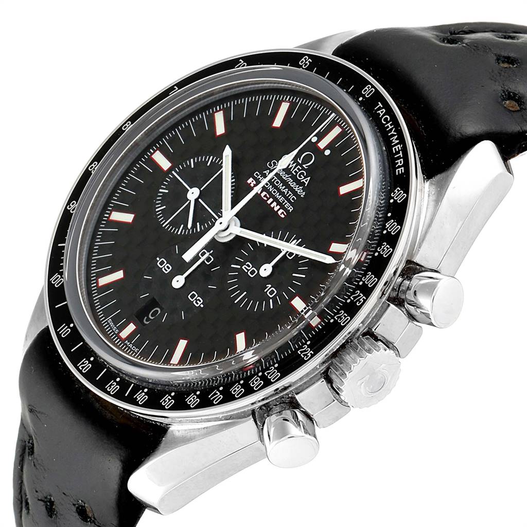 The image shows a close-up side view of the Omega Speedmaster 3552.59.00 Men
s Stainless Steel Black Dial 3552.59.00 Men
s Stainless Steel Black Dial watch, highlighting the dial, bezel, crown, and pushers.
