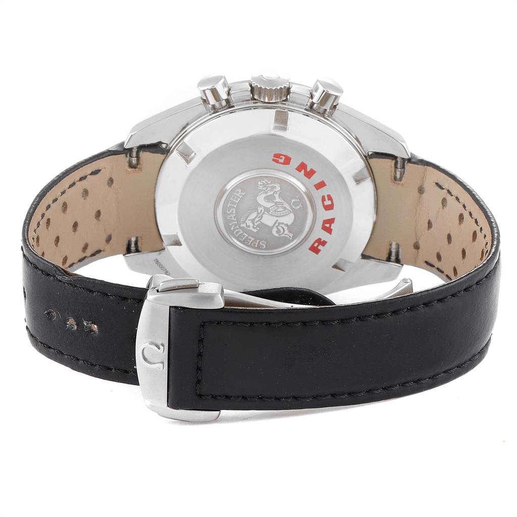 This image shows the back view of an Omega Speedmaster 3552.59.00 Men
s Stainless Steel Black Dial 3552.59.00 Men
s Stainless Steel Black Dial watch, highlighting the case back and leather strap with clasp.