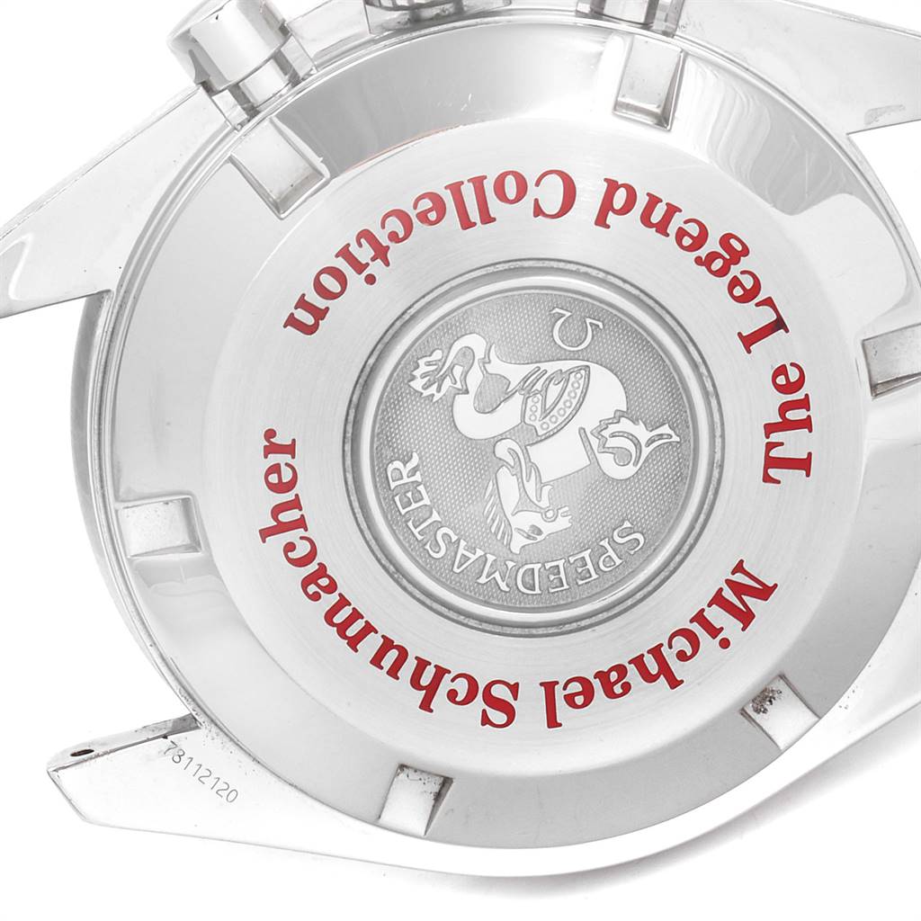 The image shows the case back of an Omega Speedmaster 3506.31.00 Men's Stainless Steel Silver Dial 3506.31.00 Men's Stainless Steel Silver Dial watch featuring the Michael Schumacher Legend Collection inscription and logo.
