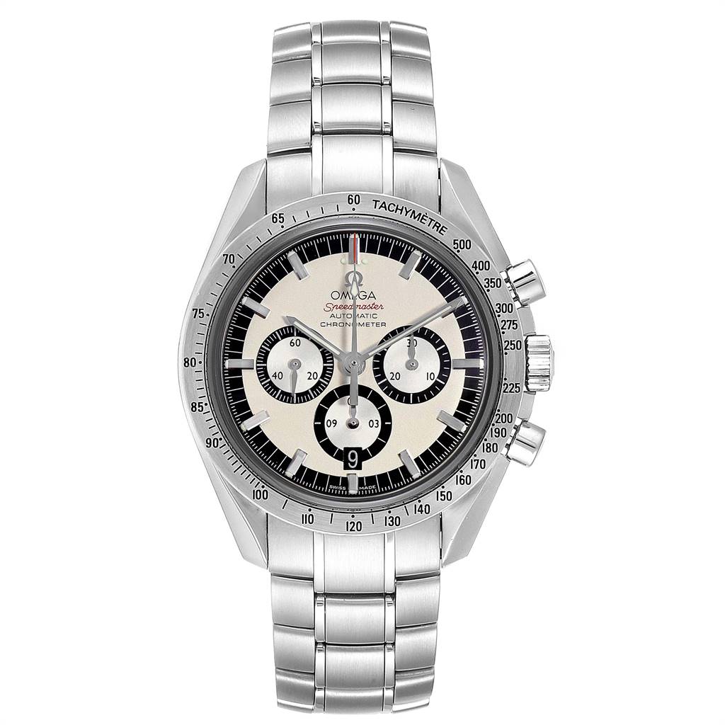 This image shows a frontal view of an Omega Speedmaster 3506.31.00 Men's Stainless Steel Silver Dial 3506.31.00 Men's Stainless Steel Silver Dial watch, highlighting its dial, bezel, and stainless steel bracelet.