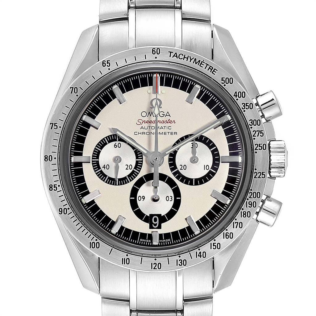 The image shows a frontal view of an Omega Speedmaster 3506.31.00 Men's Stainless Steel Silver Dial 3506.31.00 Men's Stainless Steel Silver Dial watch, displaying the dial, subdials, tachymeter, and metal bracelet.