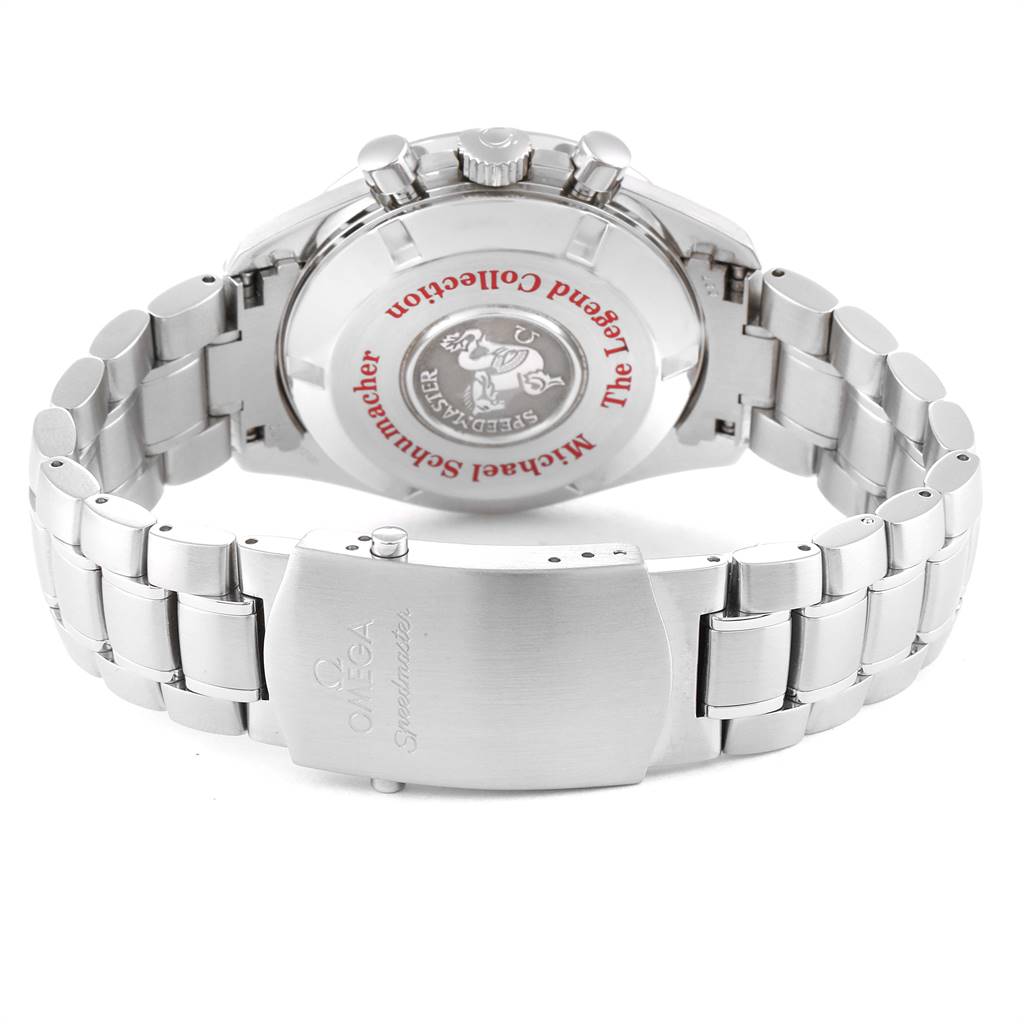 The image shows the back case and bracelet clasp of an Omega Speedmaster 3506.31.00 Men's Stainless Steel Silver Dial 3506.31.00 Men's Stainless Steel Silver Dial watch at an angle.