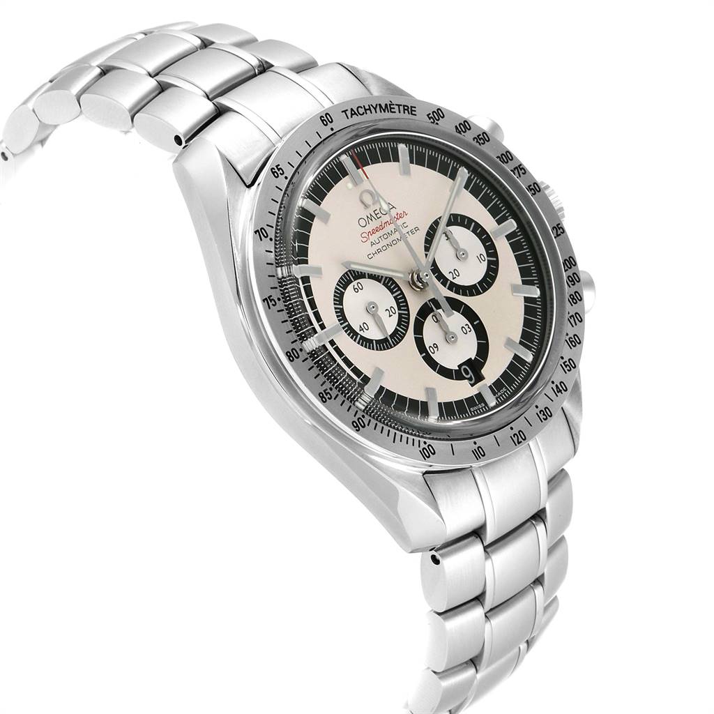 The Omega Speedmaster 3506.31.00 Men's Stainless Steel Silver Dial 3506.31.00 Men's Stainless Steel Silver Dial watch is shown at a slight angle, showcasing the dial, bezel, and metal bracelet.