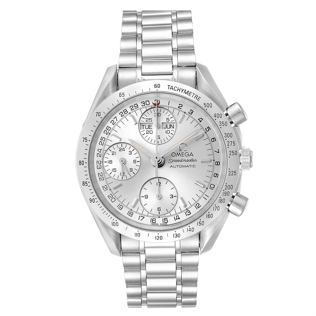The image shows a front view of an Omega Speedmaster 3523.30.00 Men
s Stainless Steel Silver Dial 3523.30.00 Men
s Stainless Steel Silver Dial watch, highlighting its face, bezel, pushers, and metal bracelet.