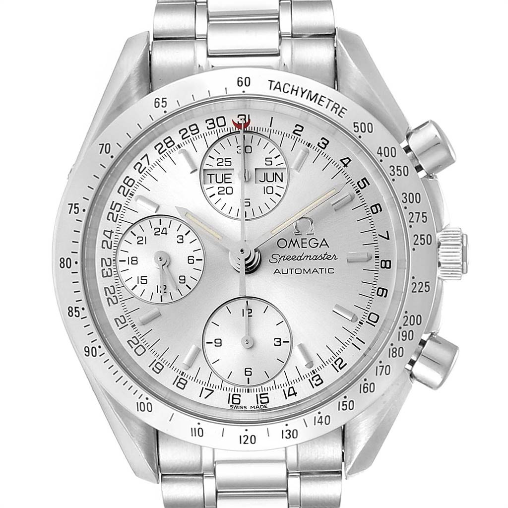 The image shows a front view of the Omega Speedmaster 3523.30.00 Men
s Stainless Steel Silver Dial 3523.30.00 Men
s Stainless Steel Silver Dial watch, highlighting its dial, subdials, and tachymeter bezel.
