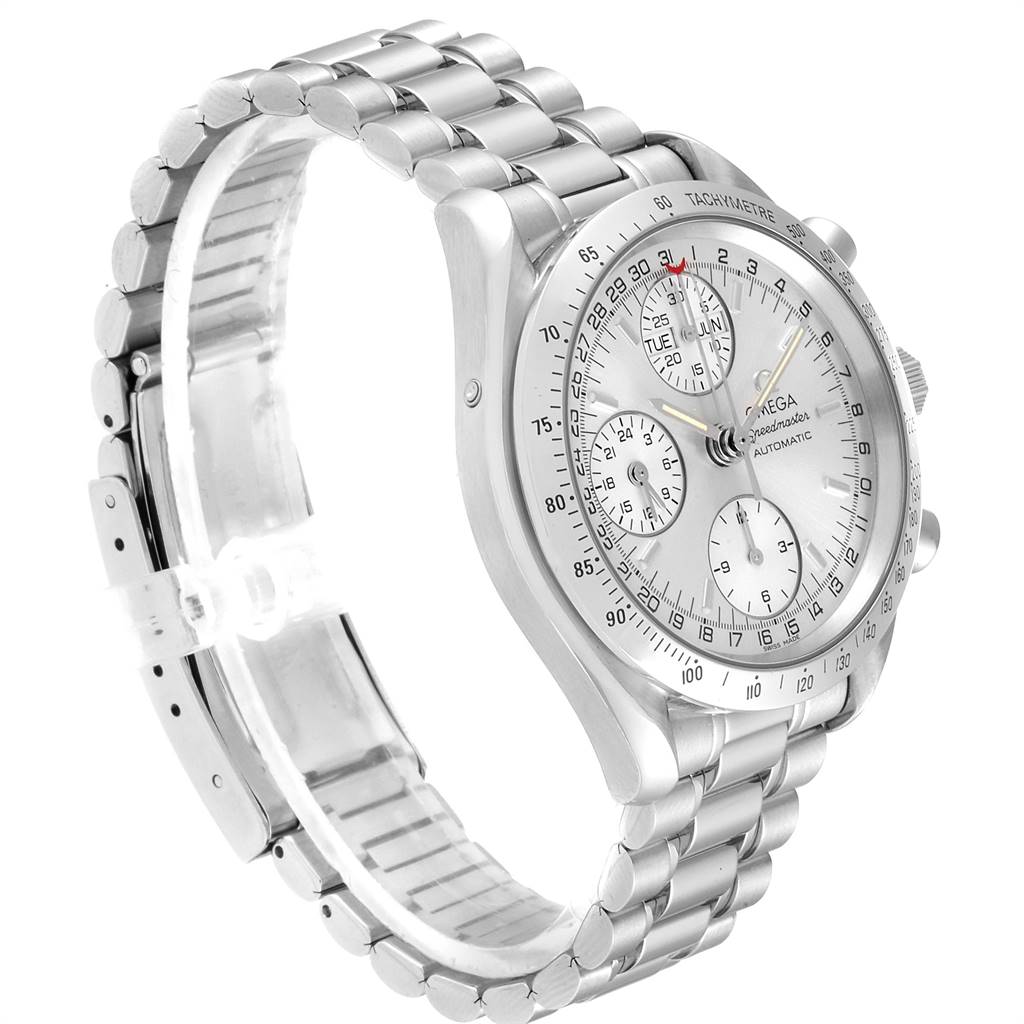 The image shows a side angle of an Omega Speedmaster 3523.30.00 Men
s Stainless Steel Silver Dial 3523.30.00 Men
s Stainless Steel Silver Dial watch, highlighting the bracelet, bezel, and face with subdials.