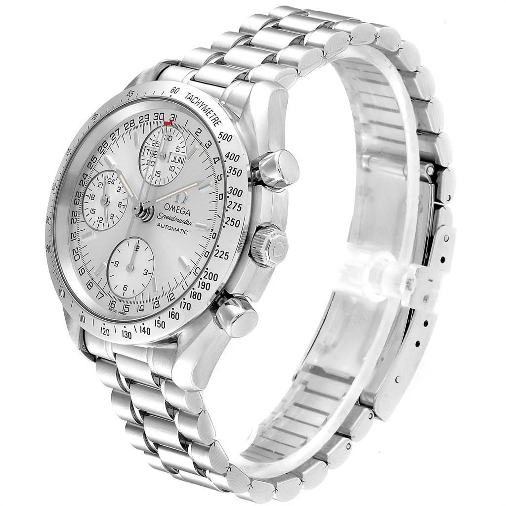The Omega Speedmaster 3523.30.00 Men
s Stainless Steel Silver Dial 3523.30.00 Men
s Stainless Steel Silver Dial watch is shown at a three-quarter angle, highlighting its face, bezel, pushers, crown, and metal bracelet.