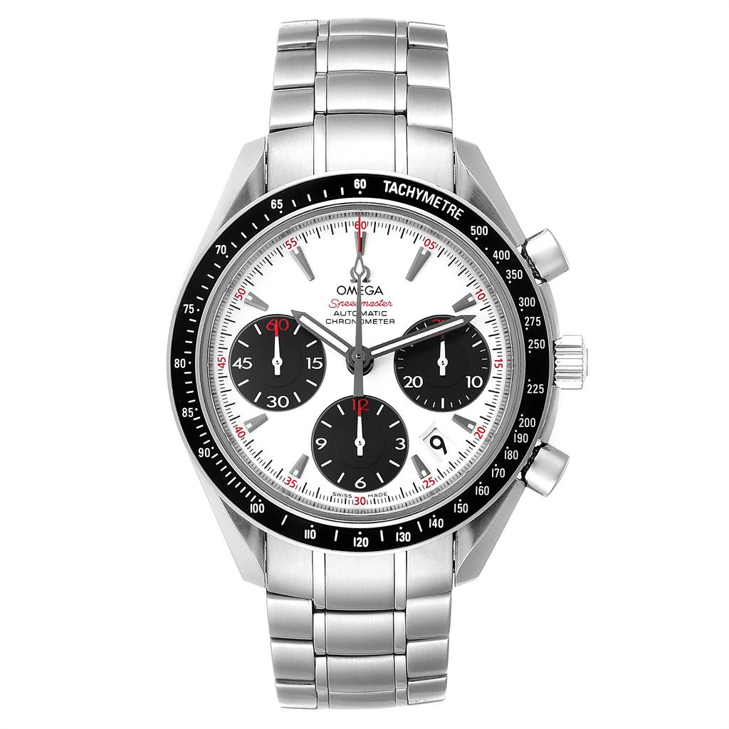 The image shows a front view of an Omega Speedmaster 323.30.40.40.04.001 Men
s Stainless Steel White Dial 323.30.40.40.04.001 Men
s Stainless Steel White Dial watch, highlighting its dial, bezel, sub-dials, and metal bracelet.