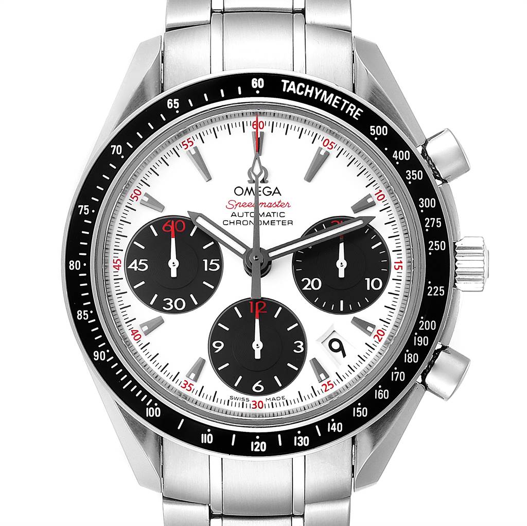 This image shows a frontal view of the Omega Speedmaster 323.30.40.40.04.001 Men
s Stainless Steel White Dial 323.30.40.40.04.001 Men
s Stainless Steel White Dial watch, highlighting the dial, tachymeter bezel, and chronograph subdials.