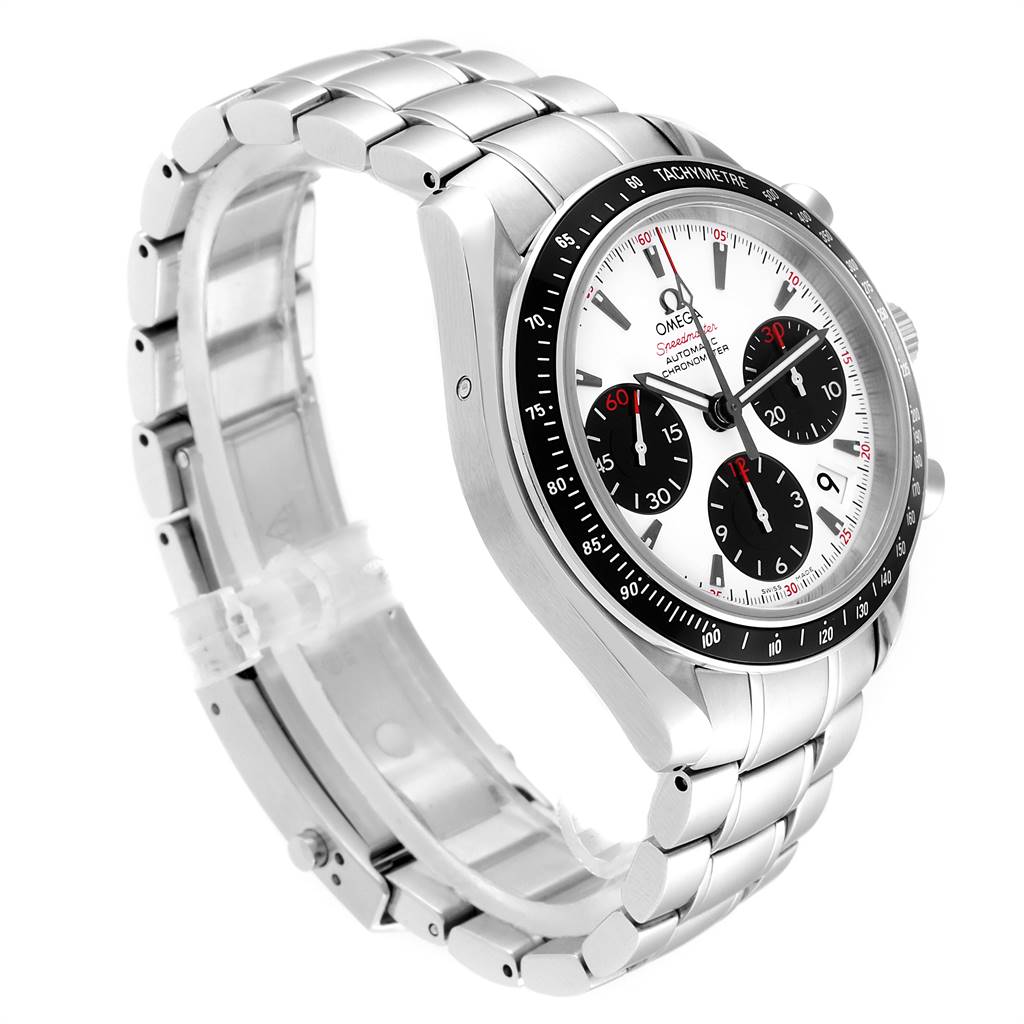 The image shows a side angle of the Omega Speedmaster 323.30.40.40.04.001 Men
s Stainless Steel White Dial 323.30.40.40.04.001 Men
s Stainless Steel White Dial watch, highlighting the bracelet, bezel, and chronograph subdials.