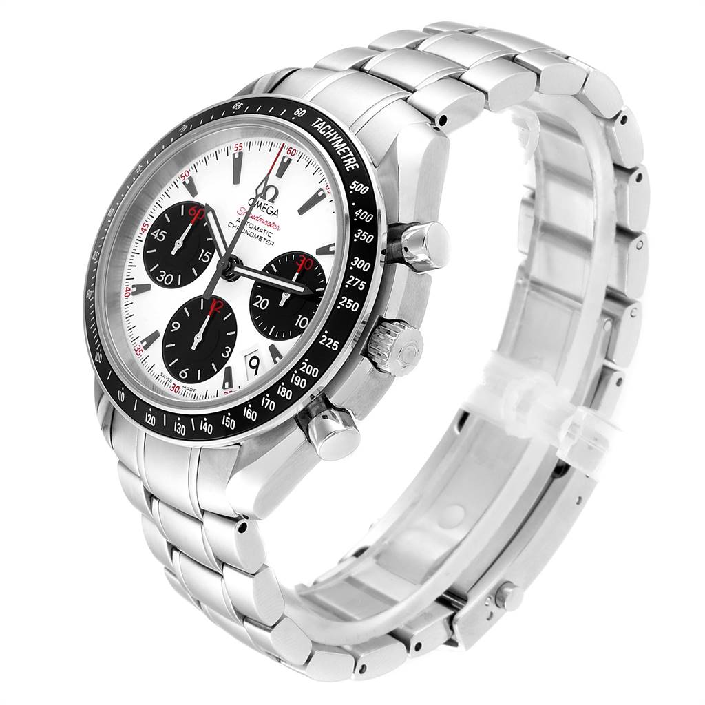 The Omega Speedmaster 323.30.40.40.04.001 Men
s Stainless Steel White Dial 323.30.40.40.04.001 Men
s Stainless Steel White Dial watch is shown at an angled side view, highlighting its bezel, chronograph dials, and stainless steel bracelet.