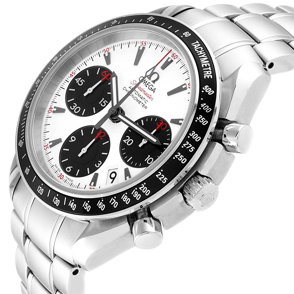 The image shows an Omega Speedmaster 323.30.40.40.04.001 Men
s Stainless Steel White Dial 323.30.40.40.04.001 Men
s Stainless Steel White Dial watch from a three-quarter angle, highlighting the dial, bezel, and bracelet.