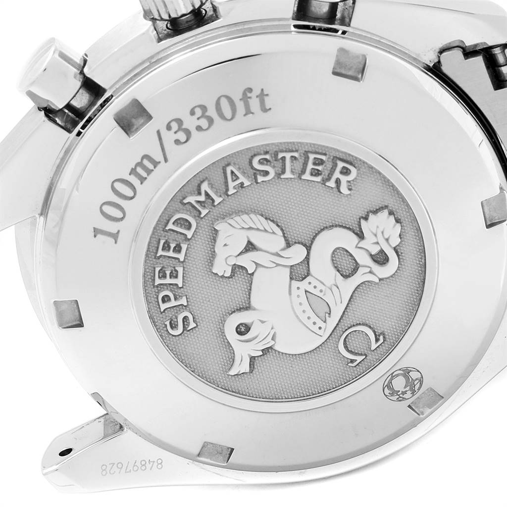 This image shows the case back of the Omega Speedmaster 323.30.40.40.04.001 Men
s Stainless Steel White Dial 323.30.40.40.04.001 Men
s Stainless Steel White Dial watch, highlighting its engravings and logo.