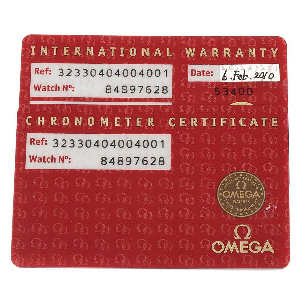The image shows an International Warranty and Chronometer Certificate card for an Omega Speedmaster 323.30.40.40.04.001 Men
s Stainless Steel White Dial 323.30.40.40.04.001 Men
s Stainless Steel White Dial watch.