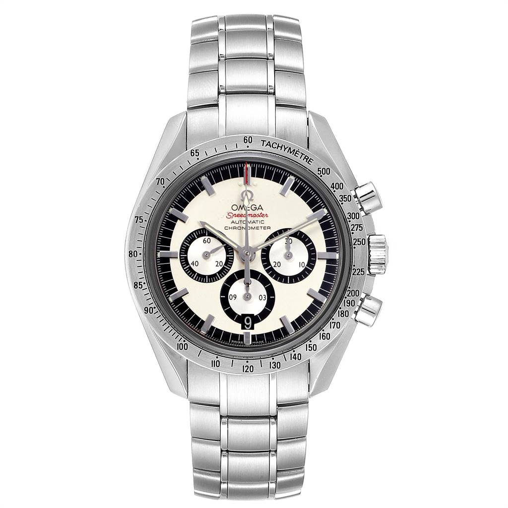 The image shows a front view of an Omega Speedmaster 3506.31.00 Men
s Stainless Steel Silver Dial 3506.31.00 Men
s Stainless Steel Silver Dial, highlighting the dial, bezel, pushers, and bracelet.