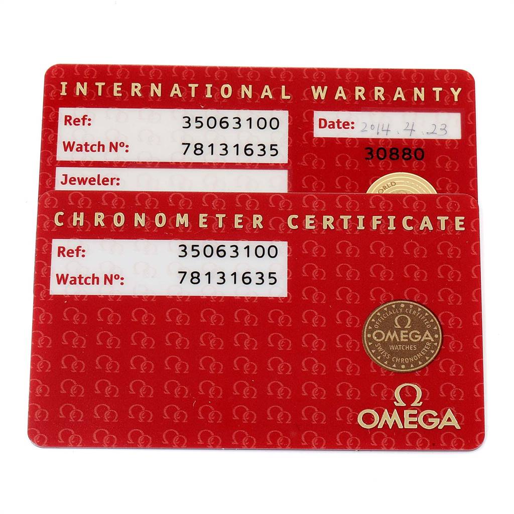 The image shows International Warranty and Chronometer Certificate cards for an Omega Speedmaster 3506.31.00 Men
s Stainless Steel Silver Dial 3506.31.00 Men
s Stainless Steel Silver Dial watch.
