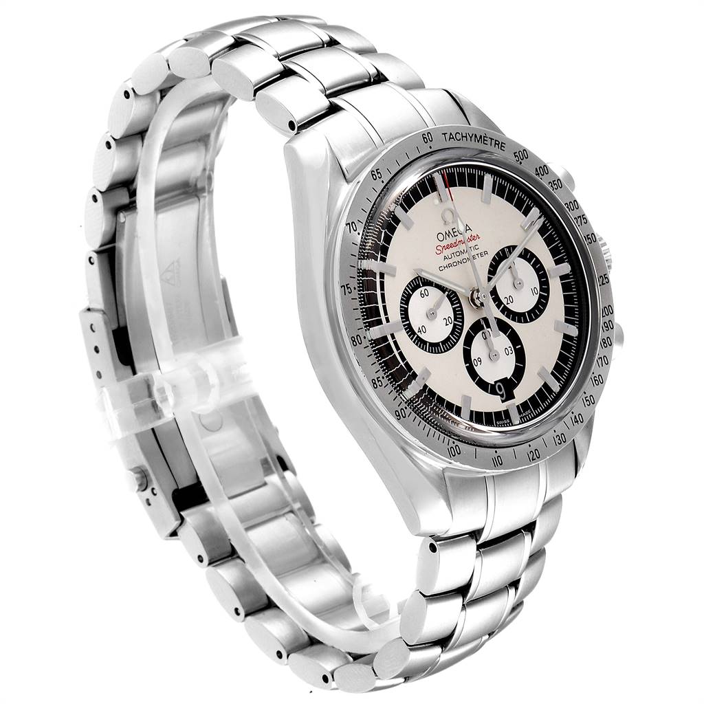 This Omega Speedmaster 3506.31.00 Men
s Stainless Steel Silver Dial 3506.31.00 Men
s Stainless Steel Silver Dial watch is shown from a 3/4 angle, highlighting the face, bezel, bracelet, and tachymeter scale.