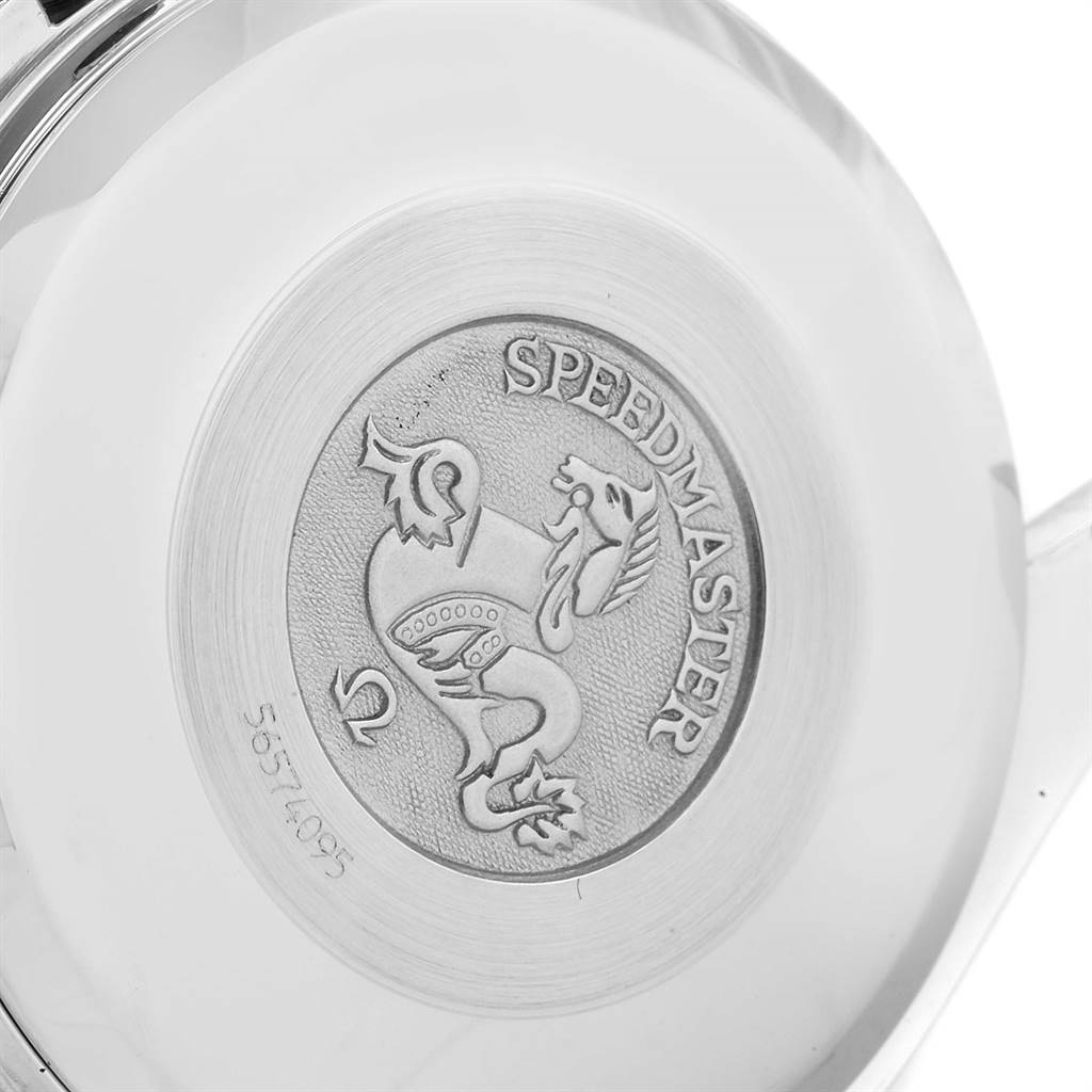 The image shows the engraved case back of an Omega Speedmaster 3513.33.00 Men's Stainless Steel White Dial 3513.33.00 Men's Stainless Steel White Dial watch, featuring the Speedmaster logo and a seahorse emblem.