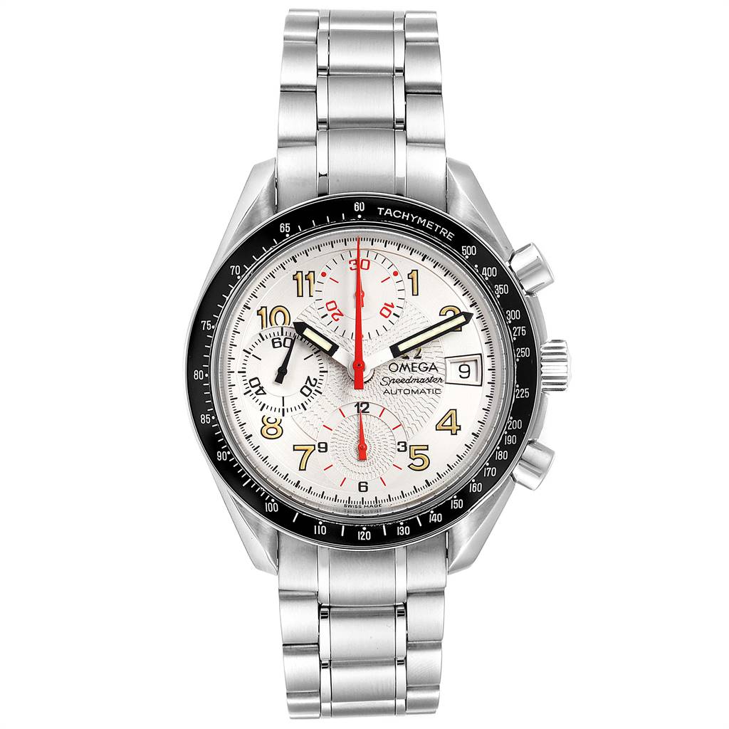 This image shows a frontal view of an Omega Speedmaster 3513.33.00 Men's Stainless Steel White Dial 3513.33.00 Men's Stainless Steel White Dial watch, including its dial, bezel, crown, and full bracelet.