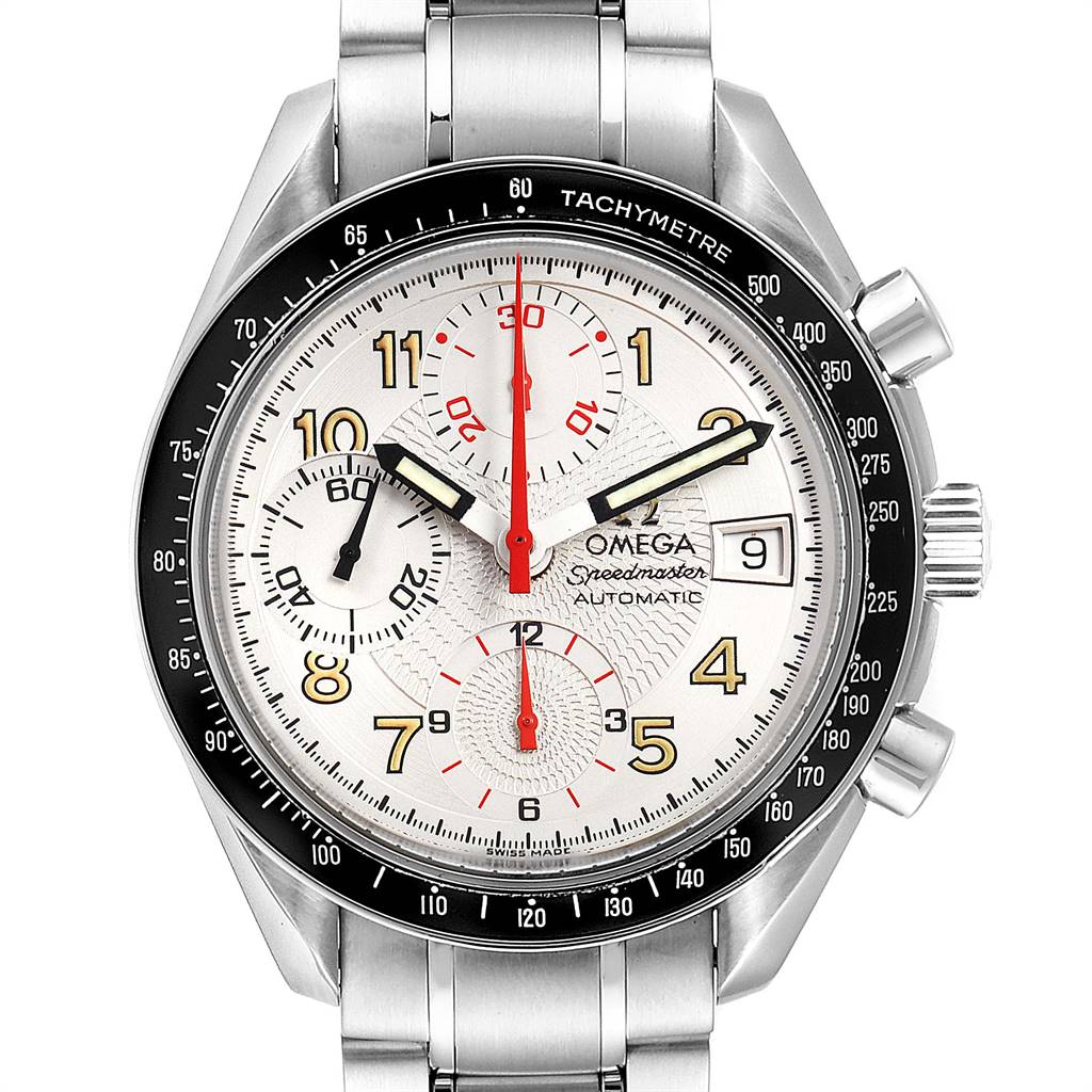 This image shows a frontal view of an Omega Speedmaster 3513.33.00 Men's Stainless Steel White Dial 3513.33.00 Men's Stainless Steel White Dial watch, detailing its face, sub-dials, bezel, and part of the bracelet.