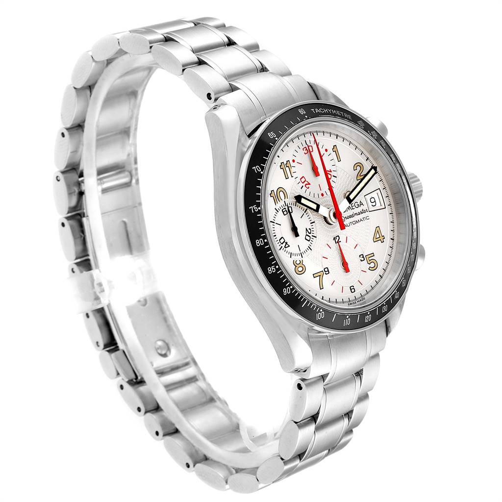 The image shows an angled side view of an Omega Speedmaster 3513.33.00 Men's Stainless Steel White Dial 3513.33.00 Men's Stainless Steel White Dial watch, featuring the dial, bezel, pushers, and metal bracelet.