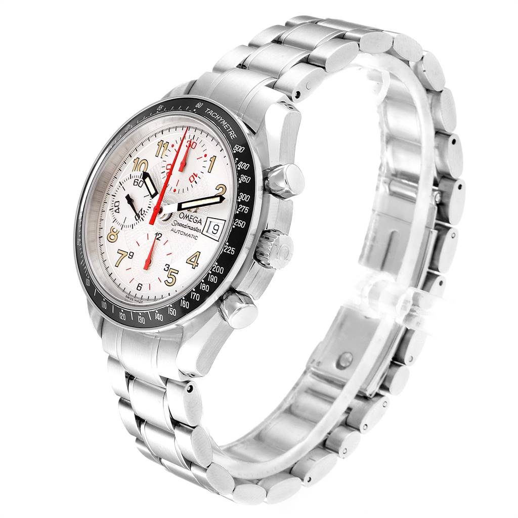 The image shows an Omega Speedmaster 3513.33.00 Men's Stainless Steel White Dial 3513.33.00 Men's Stainless Steel White Dial watch from an angle that highlights the face, side buttons, and metal bracelet.