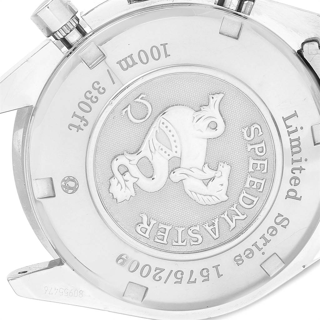 The image shows the backside of an Omega Speedmaster 323.30.40.40.01.001 Men
s Stainless Steel Black Dial 323.30.40.40.01.001 Men
s Stainless Steel Black Dial watch, highlighting the model engravings and decorative details.