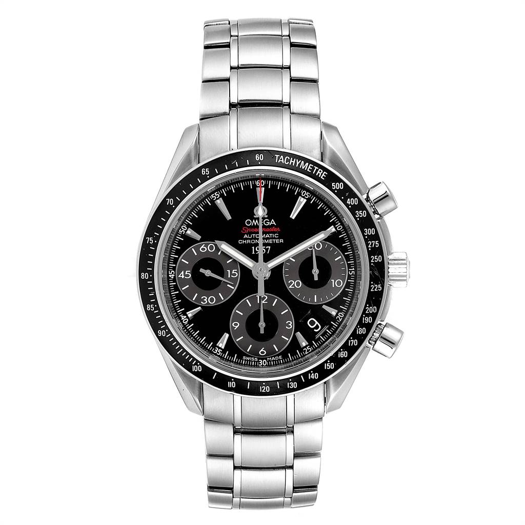 The image shows a frontal view of the Omega Speedmaster 323.30.40.40.01.001 Men
s Stainless Steel Black Dial 323.30.40.40.01.001 Men
s Stainless Steel Black Dial watch, displaying its dial, bracelet, and chronograph buttons.