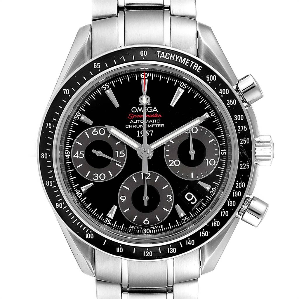 The image shows a front view of an Omega Speedmaster 323.30.40.40.01.001 Men
s Stainless Steel Black Dial 323.30.40.40.01.001 Men
s Stainless Steel Black Dial watch displaying its black dial, tachymeter bezel, and stainless steel bracelet.