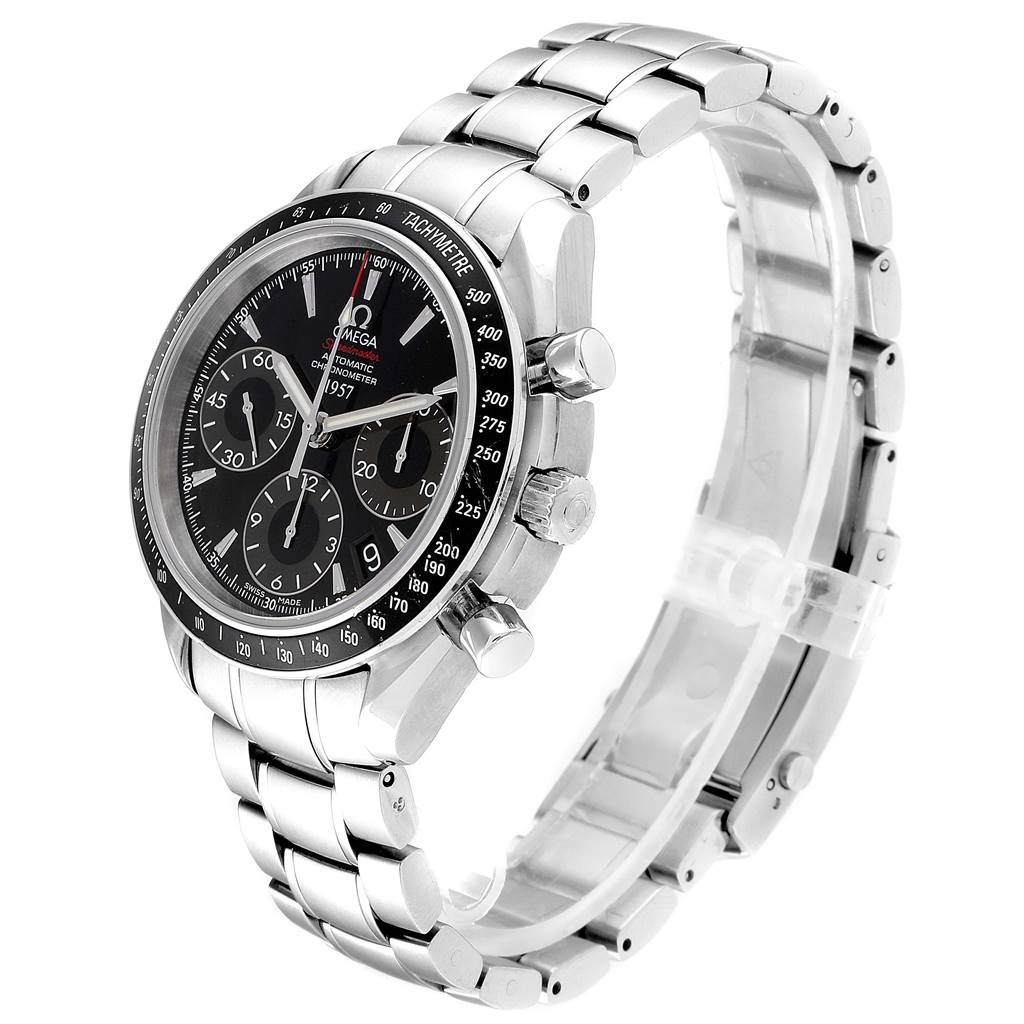 The image shows an Omega Speedmaster 323.30.40.40.01.001 Men
s Stainless Steel Black Dial 323.30.40.40.01.001 Men
s Stainless Steel Black Dial watch at a right-side angle, featuring its dial, bezel, push-buttons, and bracelet.