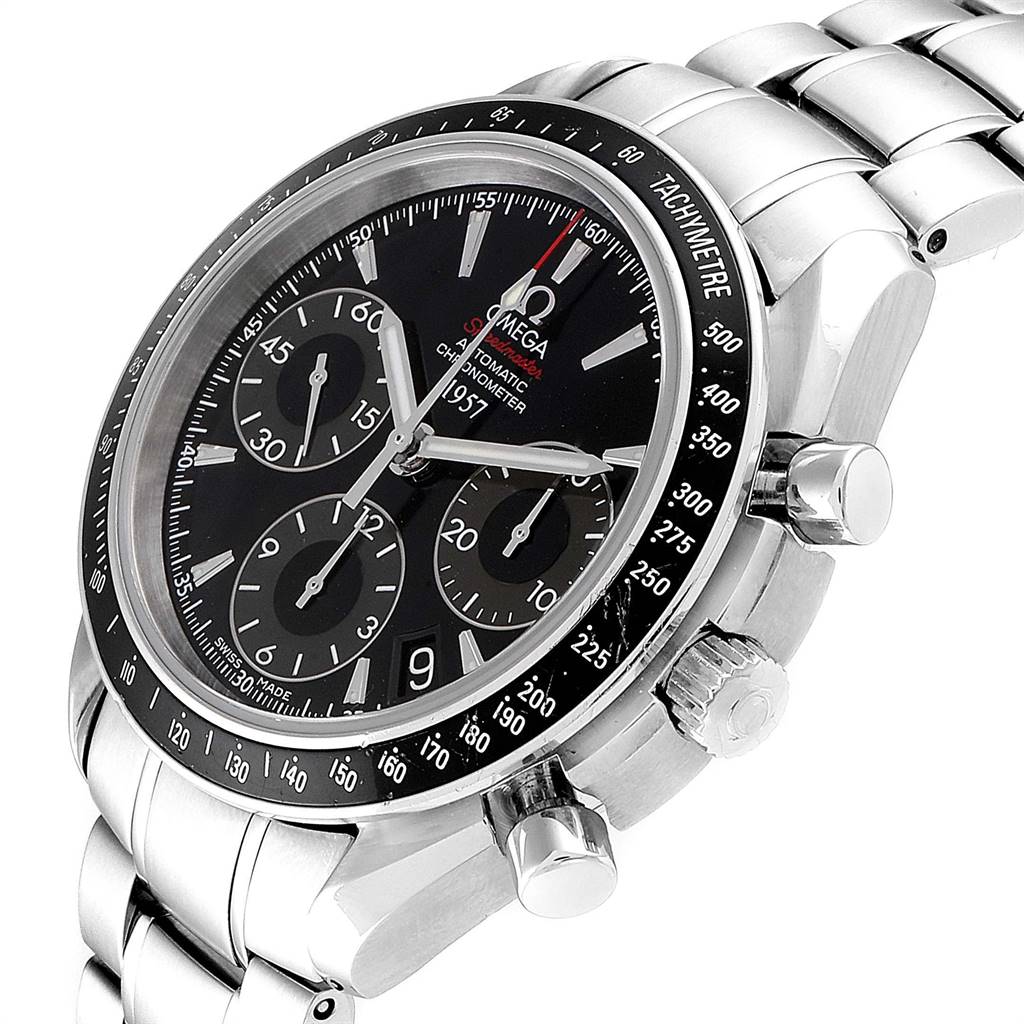 The image shows an angled view of an Omega Speedmaster 323.30.40.40.01.001 Men
s Stainless Steel Black Dial 323.30.40.40.01.001 Men
s Stainless Steel Black Dial watch, highlighting the tachymeter, bezel, and sub-dials.
