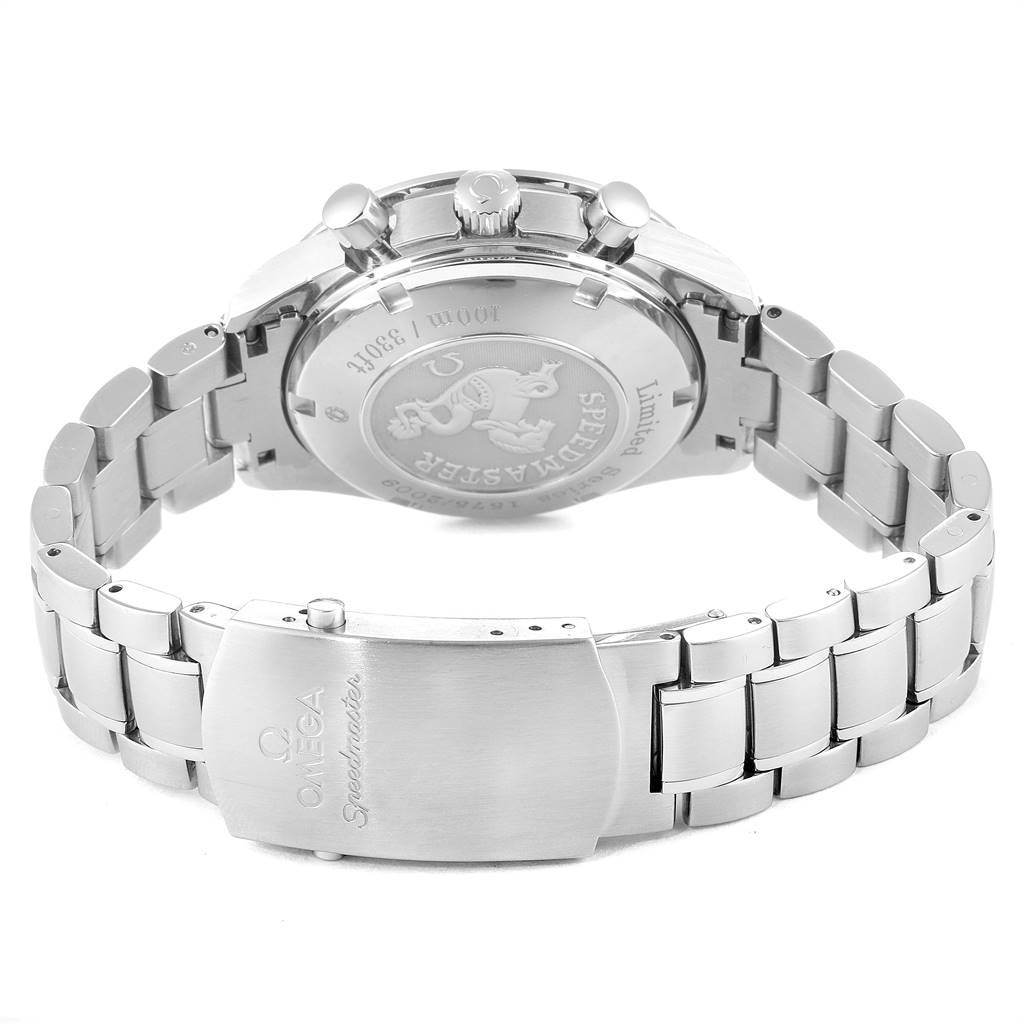 The image shows the back case and bracelet of an Omega Speedmaster 323.30.40.40.01.001 Men
s Stainless Steel Black Dial 323.30.40.40.01.001 Men
s Stainless Steel Black Dial watch, including the clasp and crown.