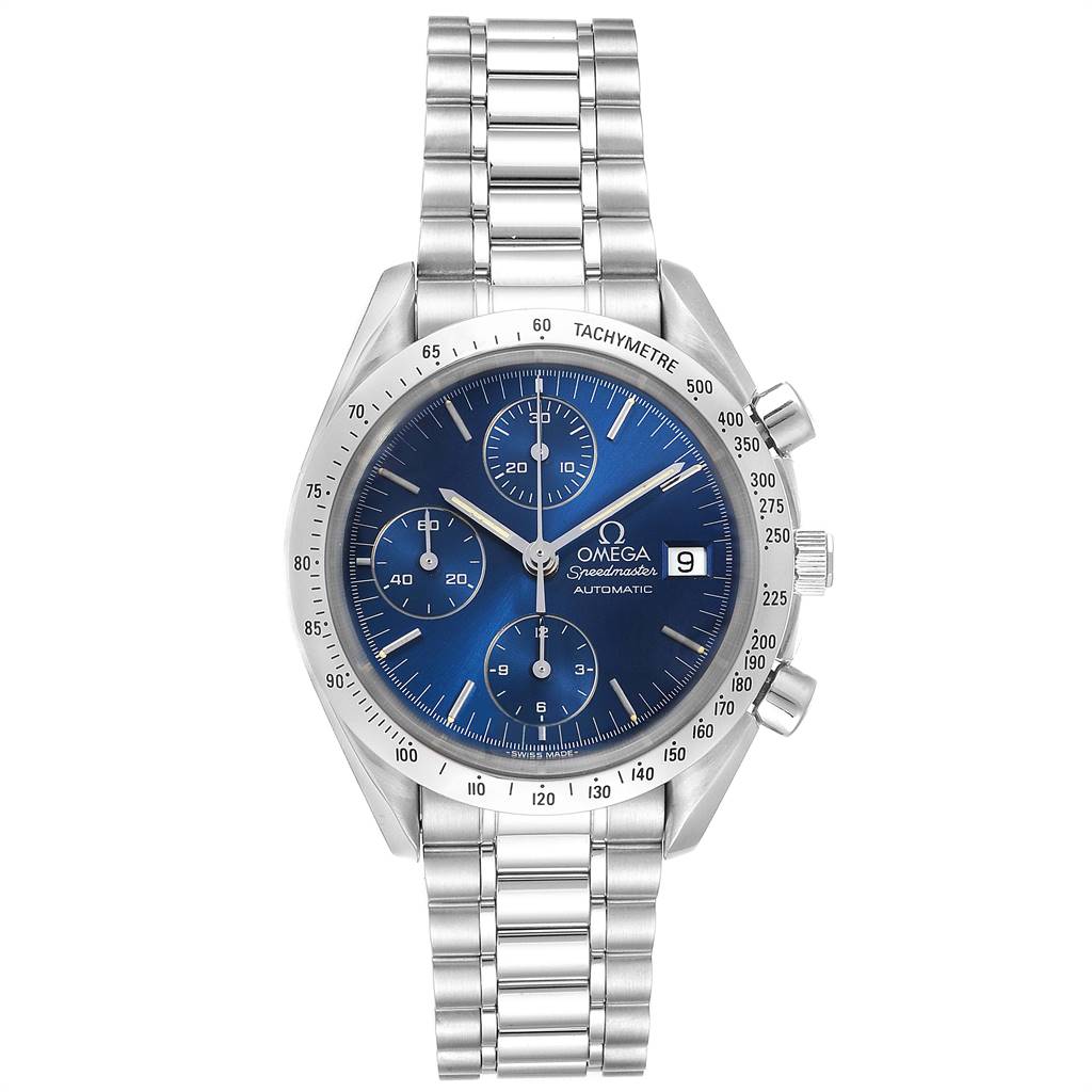 The Omega Speedmaster 3511.80.00 Men
s Stainless Steel Blue Dial 3511.80.00 Men
s Stainless Steel Blue Dial watch is shown from a front angle, displaying the bracelet, bezel, chronograph dials, and date window.